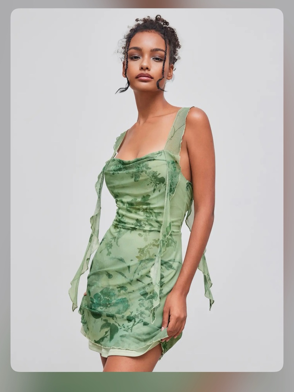 Cider MESH COWL NECK FLORAL RUFFLE HEM RUCHED MINI DRESS XS CR27-25